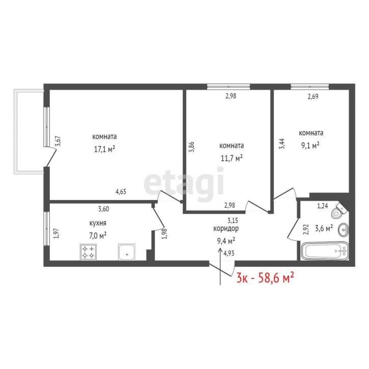 3-комн квартира Волгоградская улица