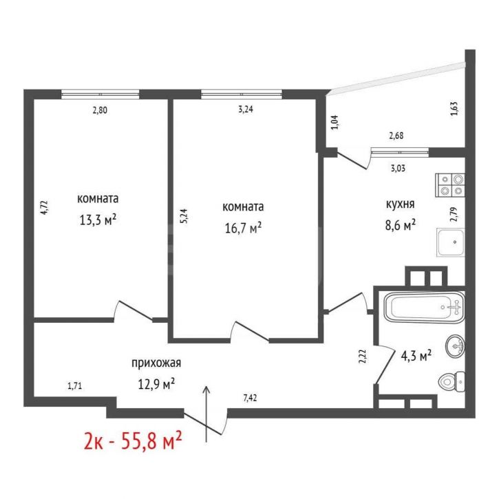 2-комн квартира улица Старых Большевиков