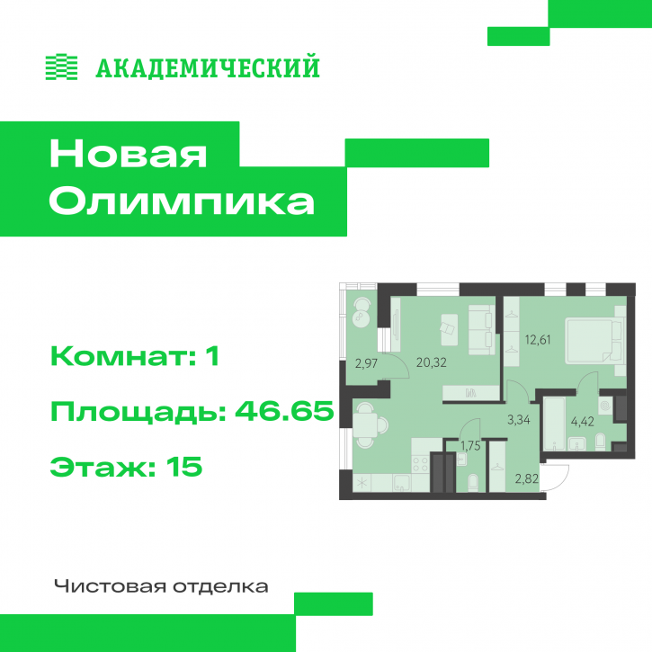 1-комн квартира в новом доме улица Академика Парина, дом 13.1.1
