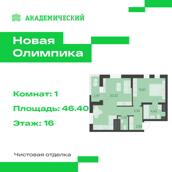 1-комн квартира в новом доме улица Академика Парина, дом 13.1.1
