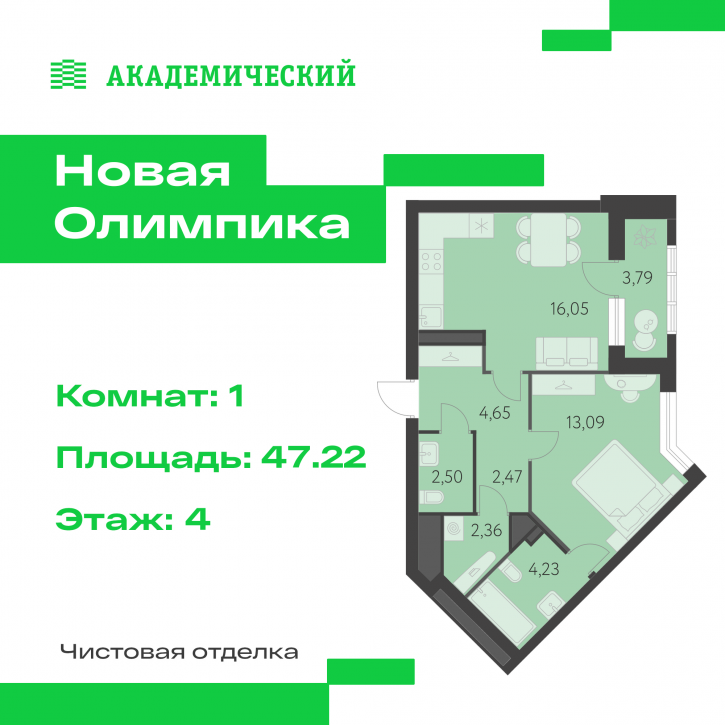 1-комн квартира в новом доме улица Академика Парина, дом 13.2