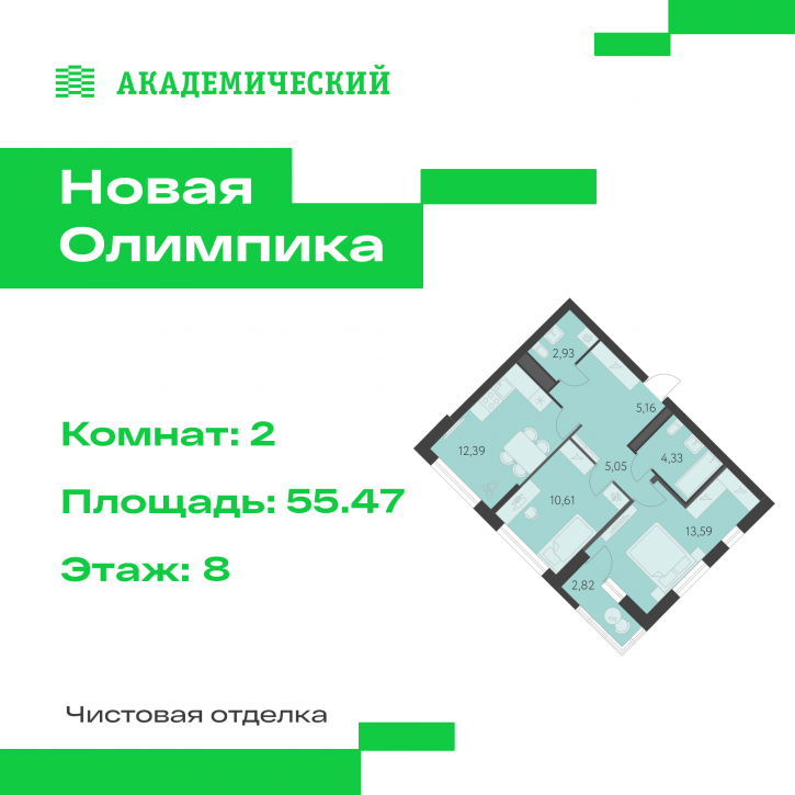2-комн квартира в новом доме улица Академика Парина, дом 13.2