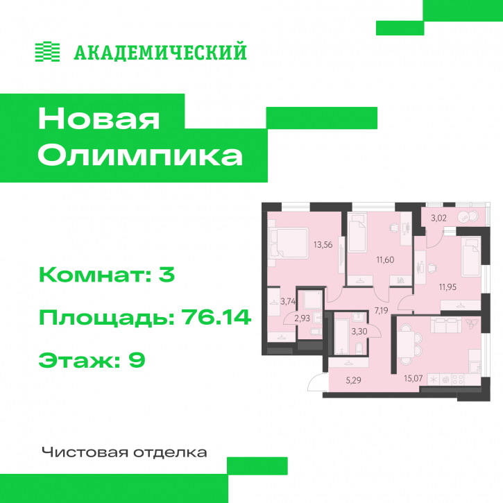 3-комн квартира в новом доме улица Академика Парина, дом 13.2