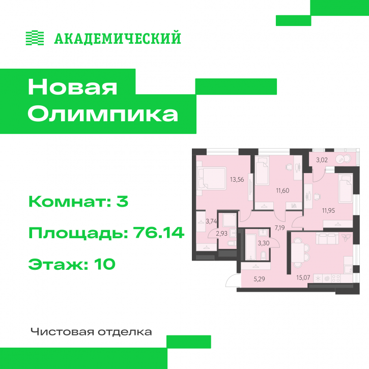 3-комн квартира в новом доме улица Академика Парина, дом 13.2