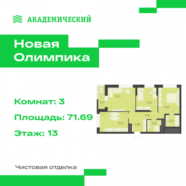 3-комн квартира в новом доме улица Академика Парина, дом 13.2