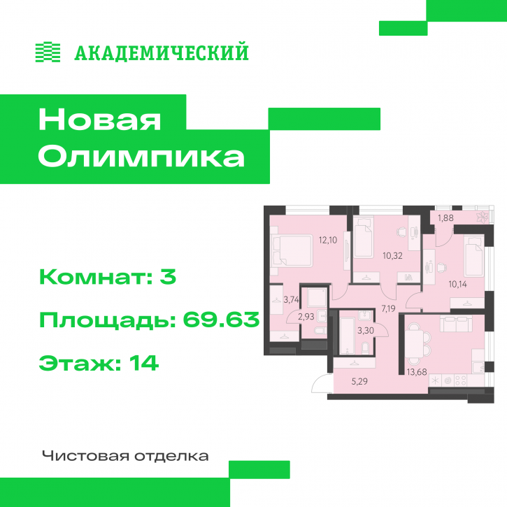 3-комн квартира в новом доме улица Академика Парина, дом 13.2