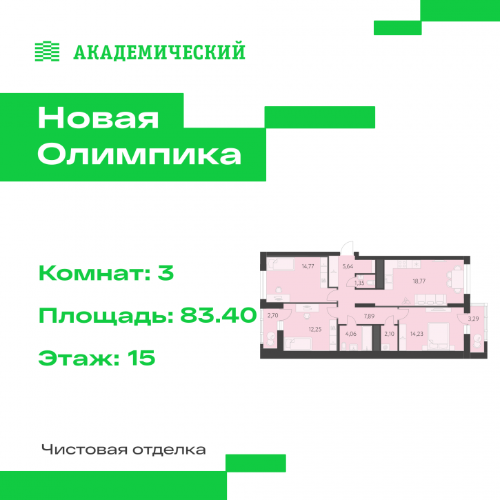 3-комн квартира в новом доме улица Академика Парина, дом 13.2