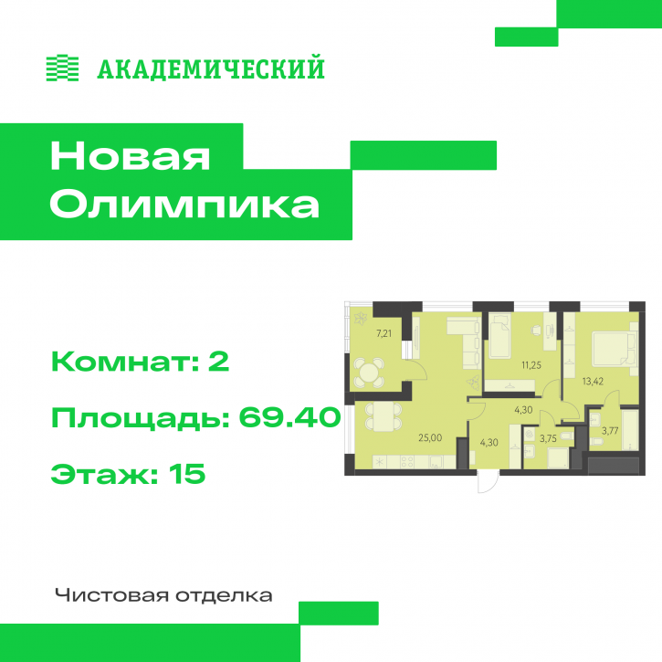 2-комн квартира в новом доме улица Академика Парина, дом 13.2