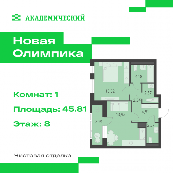 1-комн квартира в новом доме улица Академика Парина, дом 13.2
