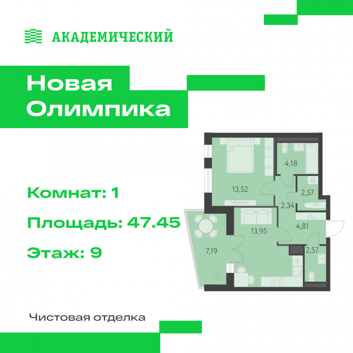 1-комн квартира в новом доме улица Академика Парина, дом 13.2