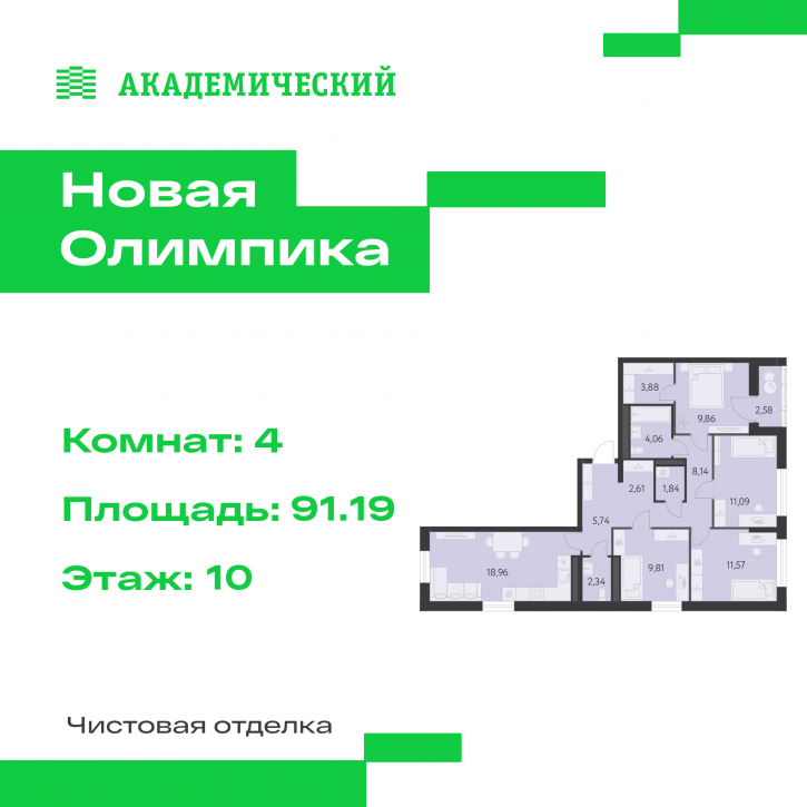 4-комн квартира в новом доме улица Академика Парина, дом 13.2