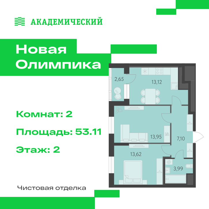 2-комн квартира в новом доме улица Академика Парина, дом 13.2