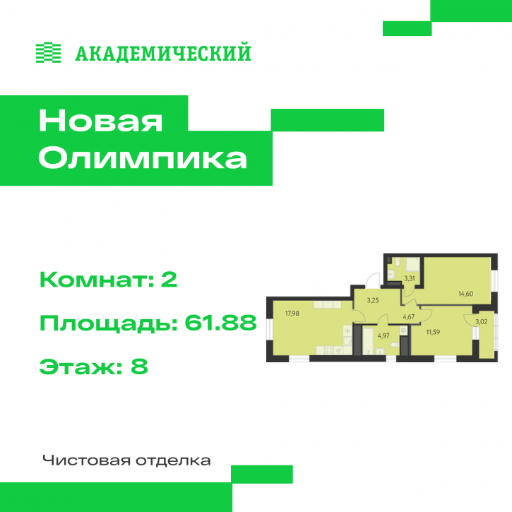 2-комн квартира в новом доме улица Академика Парина, дом 13.1.1