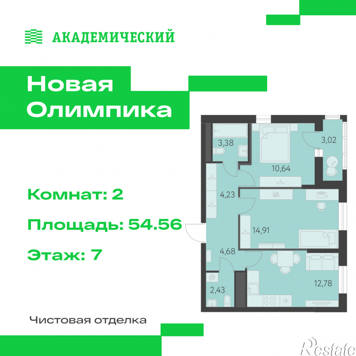 2-комн квартира в новом доме улица Академика Парина, дом 13.1.2