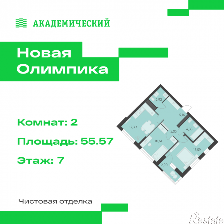 2-комн квартира в новом доме улица Академика Парина, дом 13.2