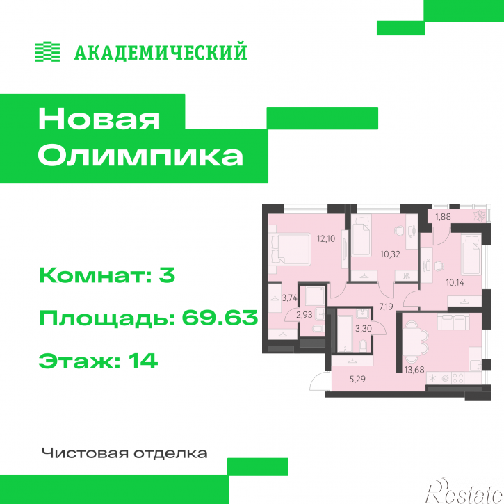 3-комн квартира в новом доме улица Академика Парина, дом 13.2