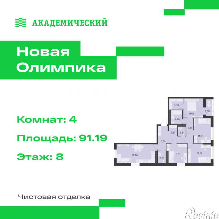 4-комн квартира в новом доме улица Академика Парина, дом 13.2