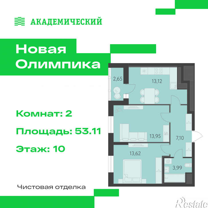 2-комн квартира в новом доме улица Академика Парина, дом 13.2