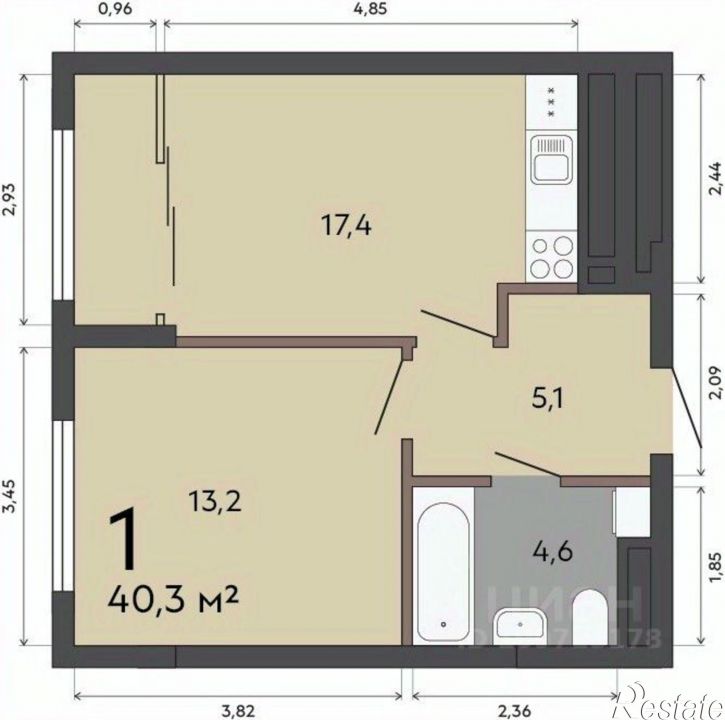 1-комн квартира в новом доме Сосновый пер, 2Б,  д. 2Б