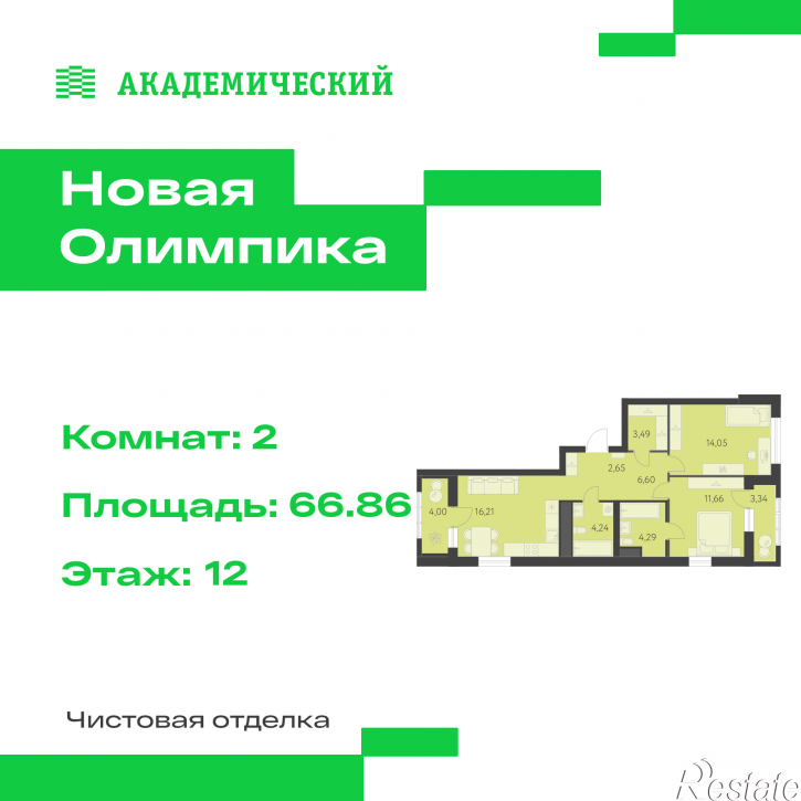 2-комн квартира в новом доме улица Академика Парина, дом 13.2