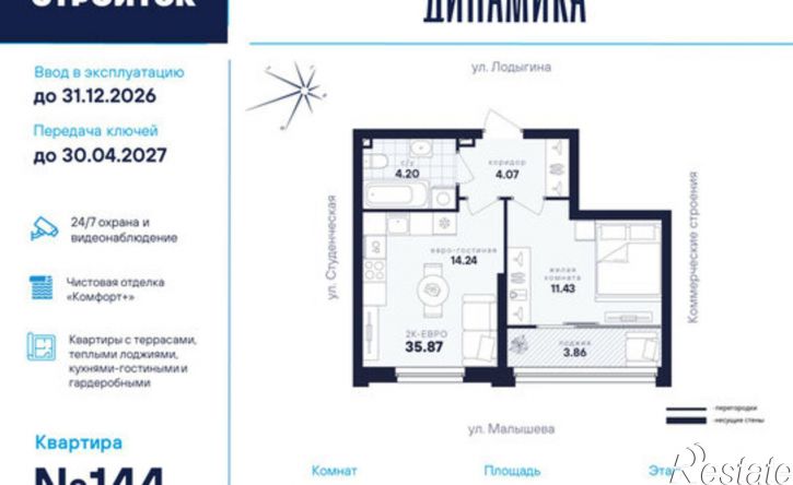 1-комн квартира в новом доме ул Малышева, 145Б,  д. 145Б