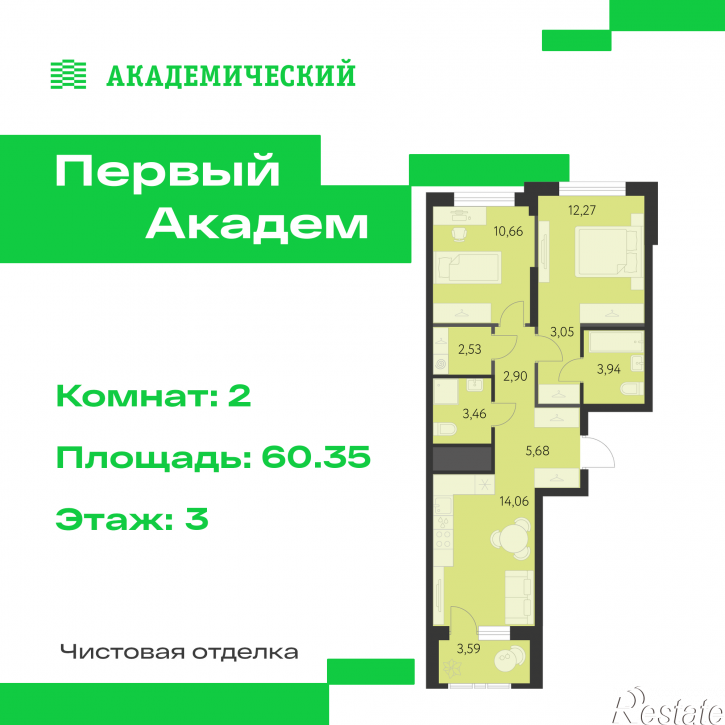 2-комн квартира в новом доме улица Краснолесья, 3.1