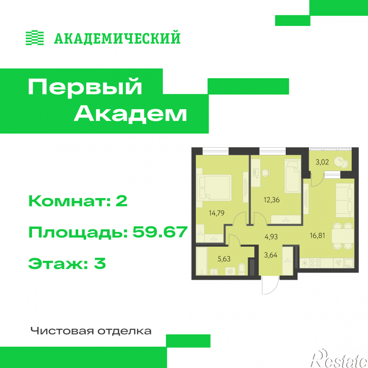 2-комн квартира в новом доме улица Краснолесья, 3.3