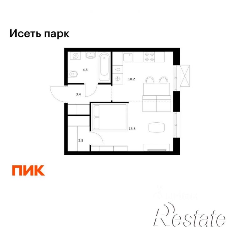 1-комн квартира в новом доме Хуторская улица, 1/6,  д. 1/6