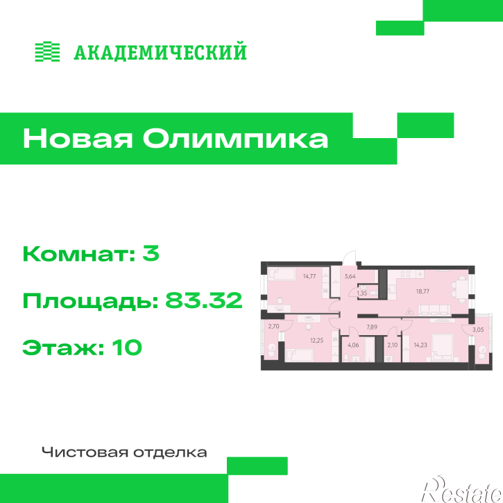 3-комн квартира в новом доме улица Академика Парина, дом 13.2