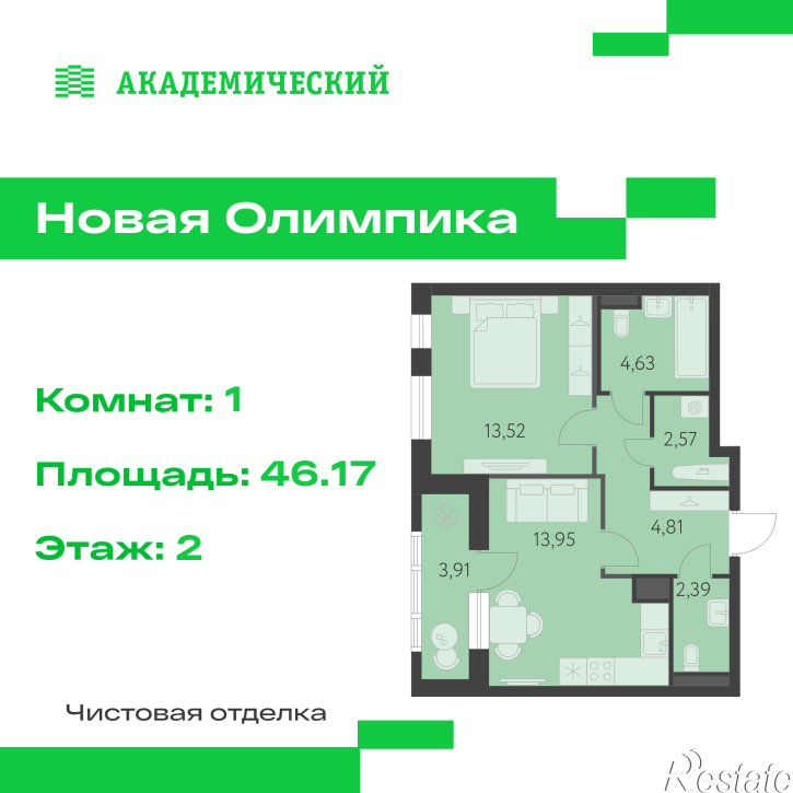 1-комн квартира в новом доме улица Академика Парина, дом 13.2