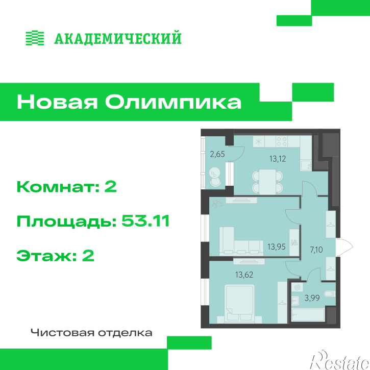 2-комн квартира в новом доме улица Академика Парина, дом 13.2