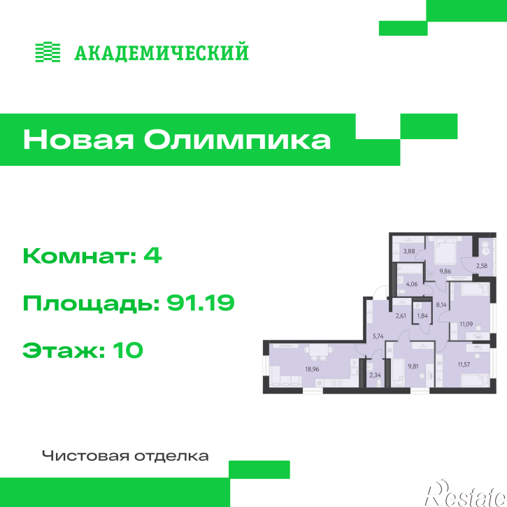 4-комн квартира в новом доме улица Академика Парина, дом 13.2