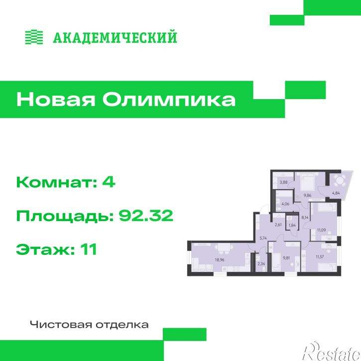 4-комн квартира в новом доме улица Академика Парина, дом 13.2