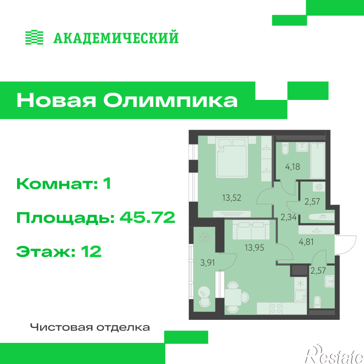 1-комн квартира в новом доме улица Академика Парина, дом 13.2