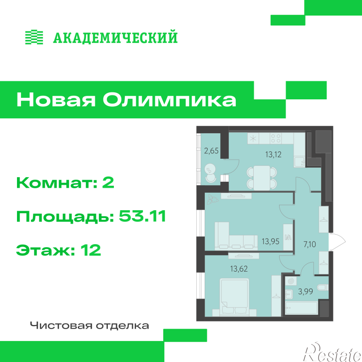 2-комн квартира в новом доме улица Академика Парина, дом 13.2